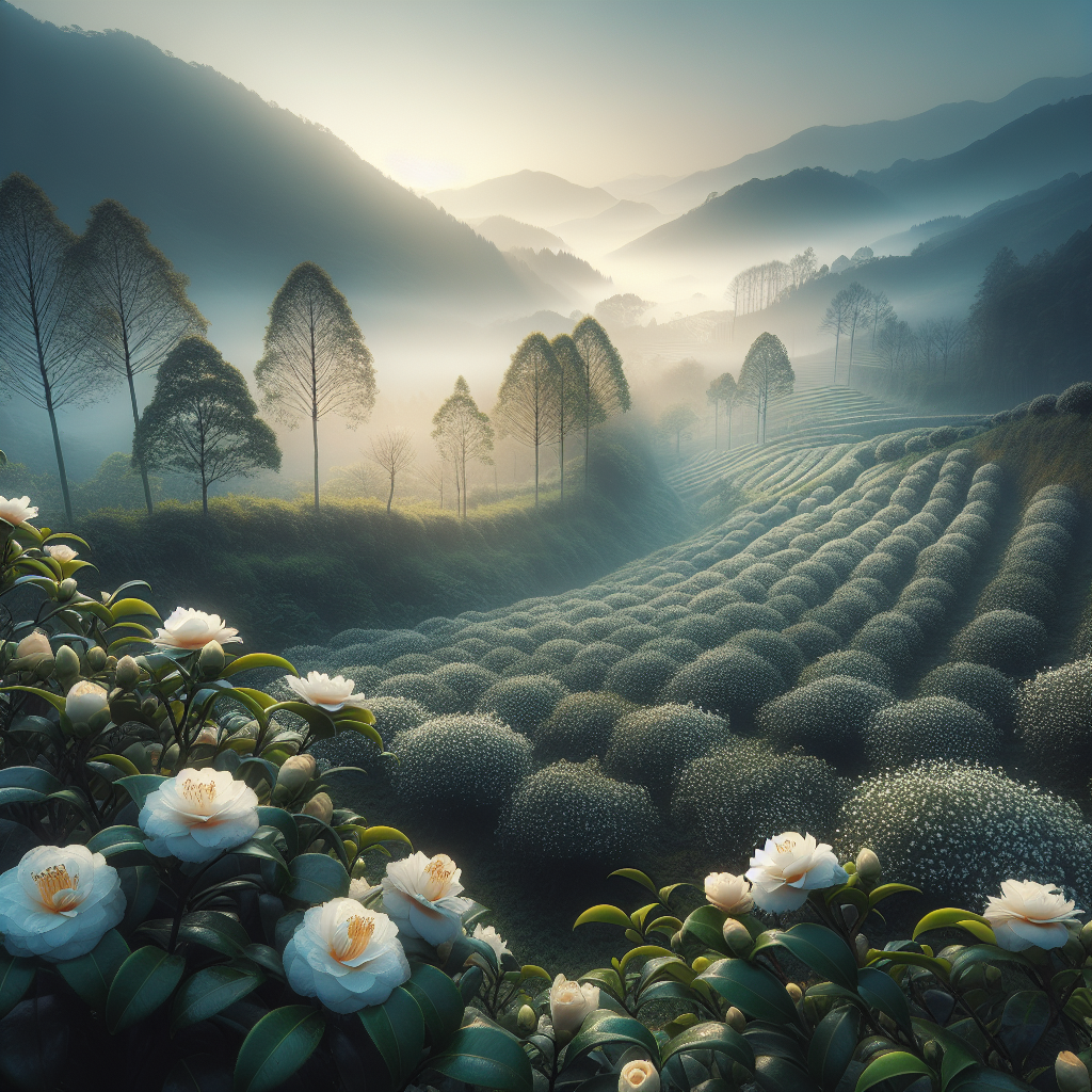 Camellia oleifera farm in misty mountains of China