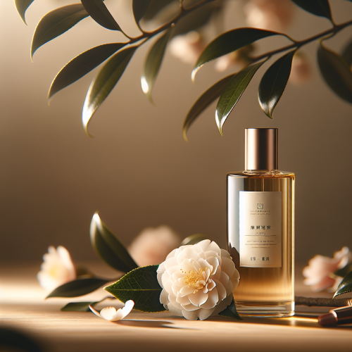 Premium camellia oil bottle on wooden table with camellia flowers